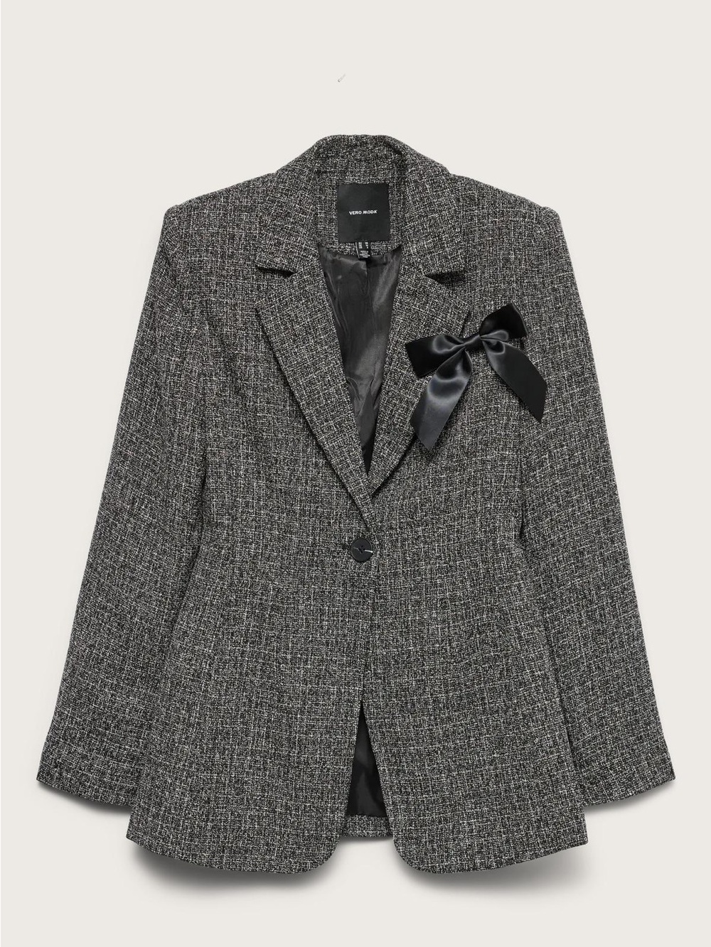 Vero Moda Gray Tweed Blazer with Black Bow Accent